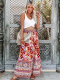 Tassel Elastic Waist Floral Printed Beach Boho Pleated Maxi Skirt