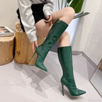 Temperament Pointed Toe 12CM High-heeled Long Boots Stone Pattern Knee-high Stiletto Modern Boot High Heel