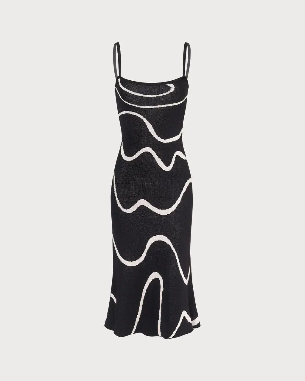 Square Neck Spaghetti Strap Abstract Wave Print Knit Bodycon Midi Dress