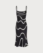 Square Neck Spaghetti Strap Abstract Wave Print Knit Bodycon Midi Dress