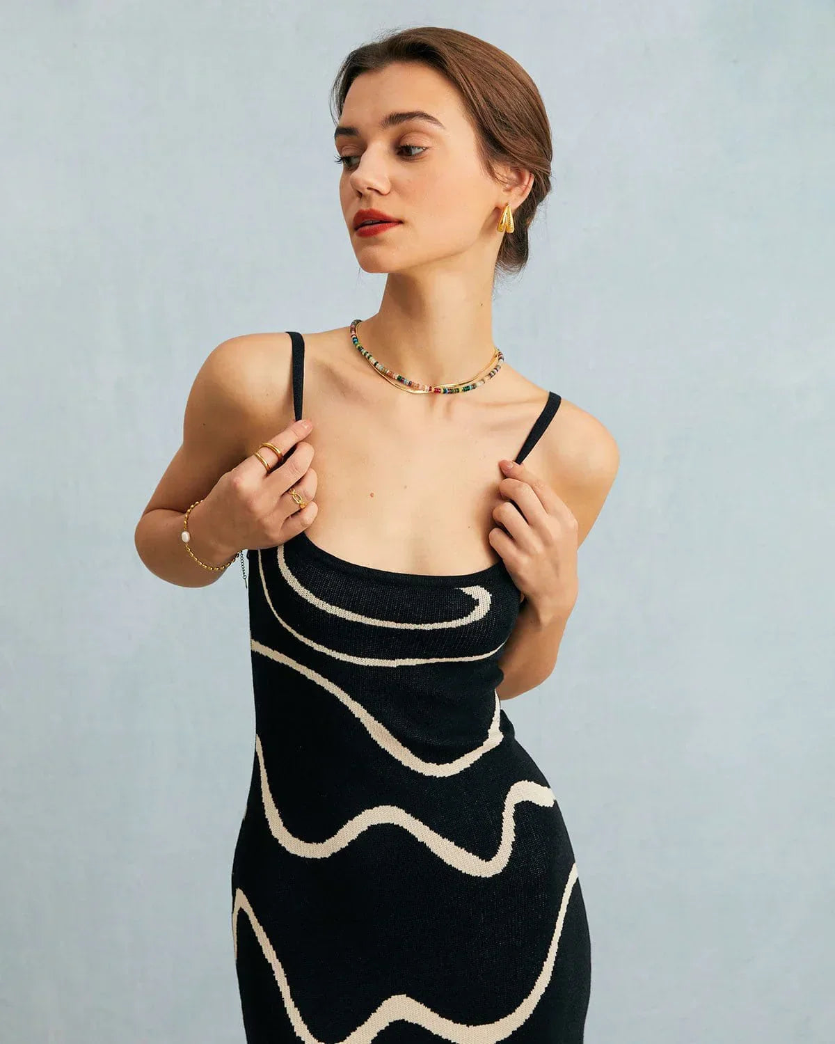 Square Neck Spaghetti Strap Abstract Wave Print Knit Bodycon Midi Dress