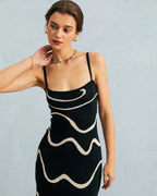 Square Neck Spaghetti Strap Abstract Wave Print Knit Bodycon Midi Dress