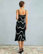 Square Neck Spaghetti Strap Abstract Wave Print Knit Bodycon Midi Dress