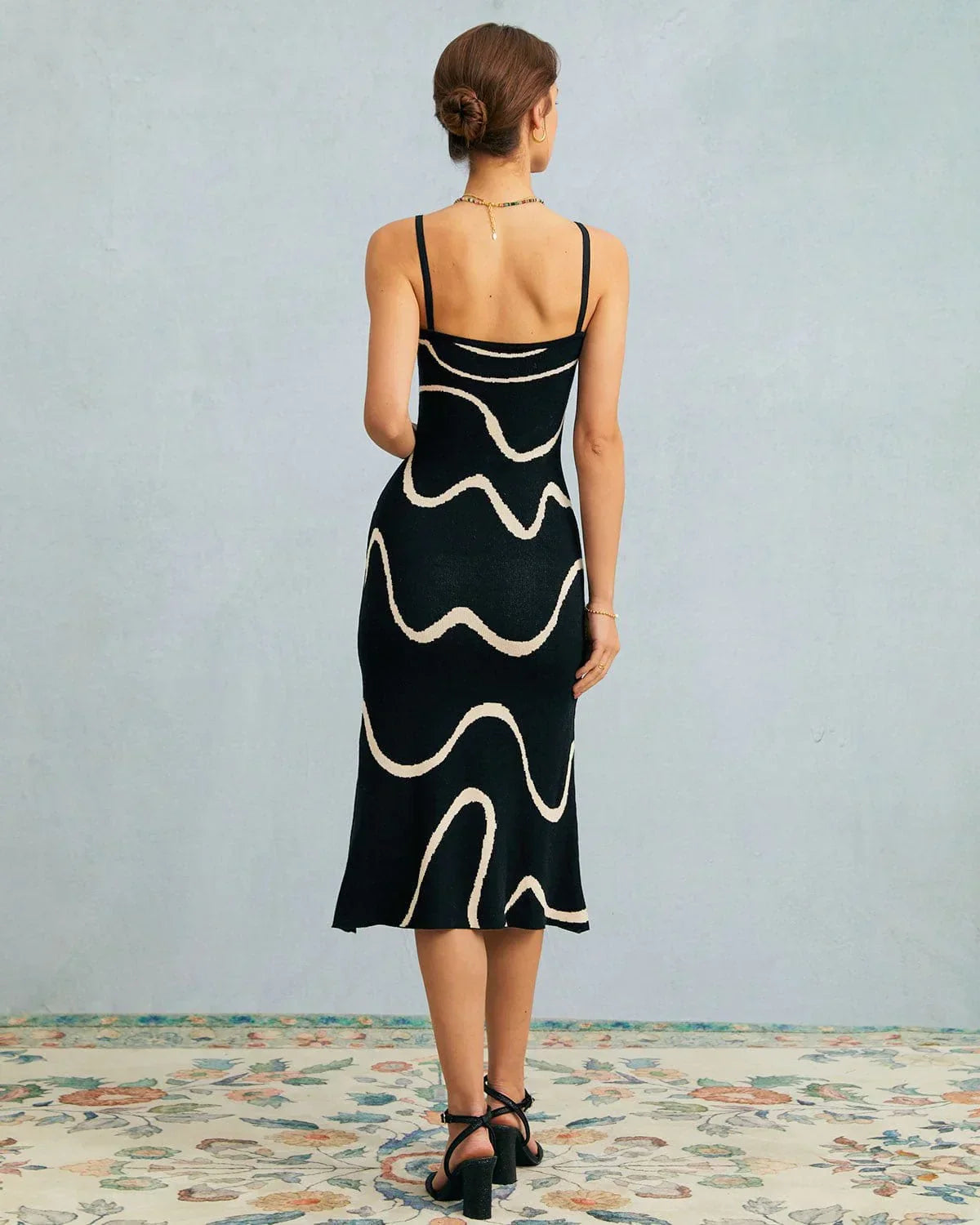 Square Neck Spaghetti Strap Abstract Wave Print Knit Bodycon Midi Dress