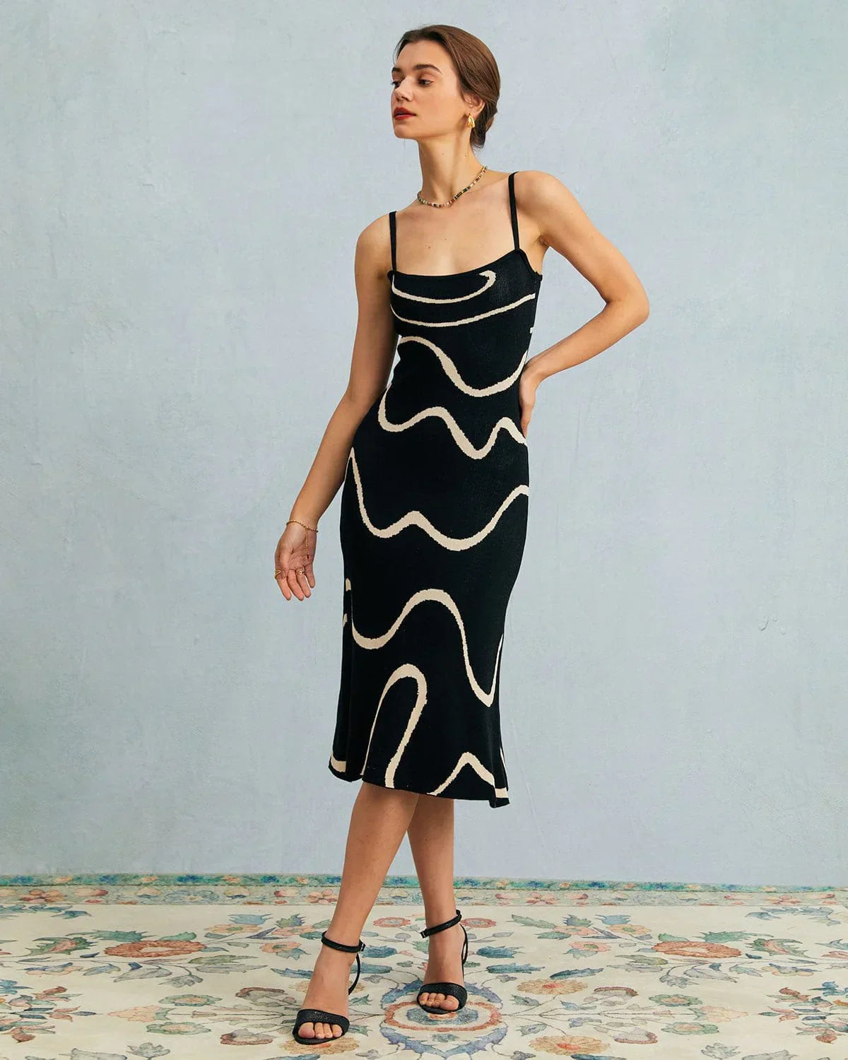 Square Neck Spaghetti Strap Abstract Wave Print Knit Bodycon Midi Dress