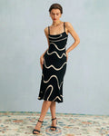 Square Neck Spaghetti Strap Abstract Wave Print Knit Bodycon Midi Dress