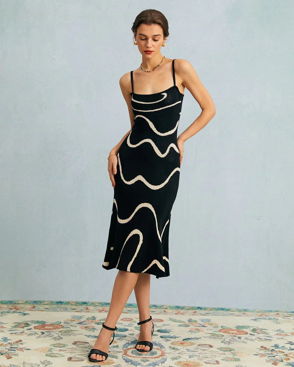 Square Neck Spaghetti Strap Abstract Wave Print Knit Bodycon Midi Dress
