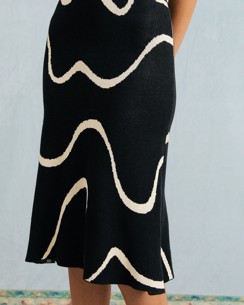 Square Neck Spaghetti Strap Abstract Wave Print Knit Bodycon Midi Dress