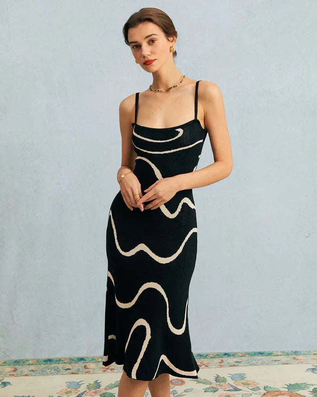 Square Neck Spaghetti Strap Abstract Wave Print Knit Bodycon Midi Dress