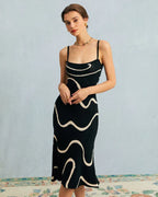 Square Neck Spaghetti Strap Abstract Wave Print Knit Bodycon Midi Dress