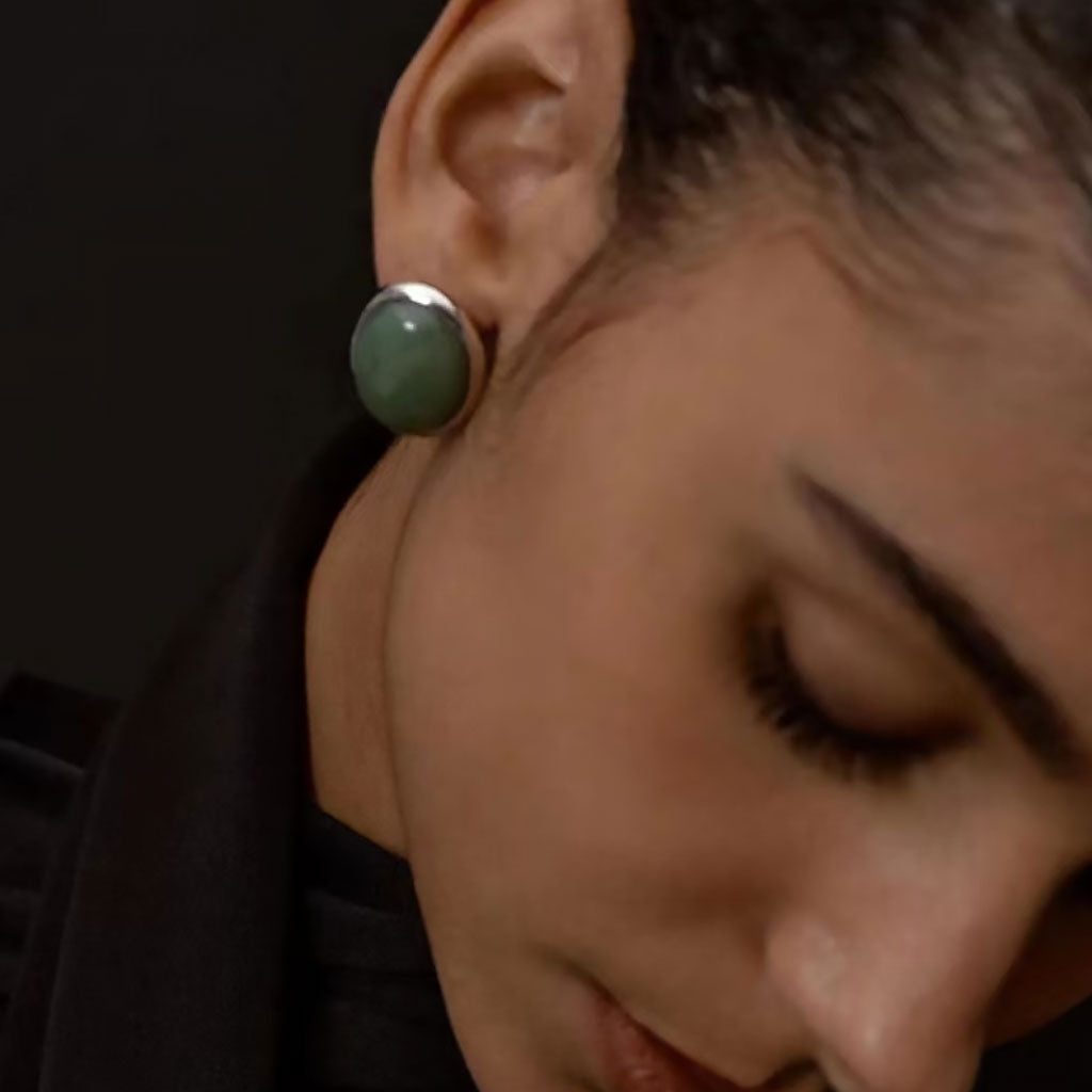 THE HOURS Emerald Jade Rhodium Plated Stud Earrings