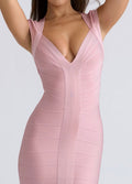 Deep V-Neck Cap Sleeve Ribbed Bandage Bodycon Mini Dress