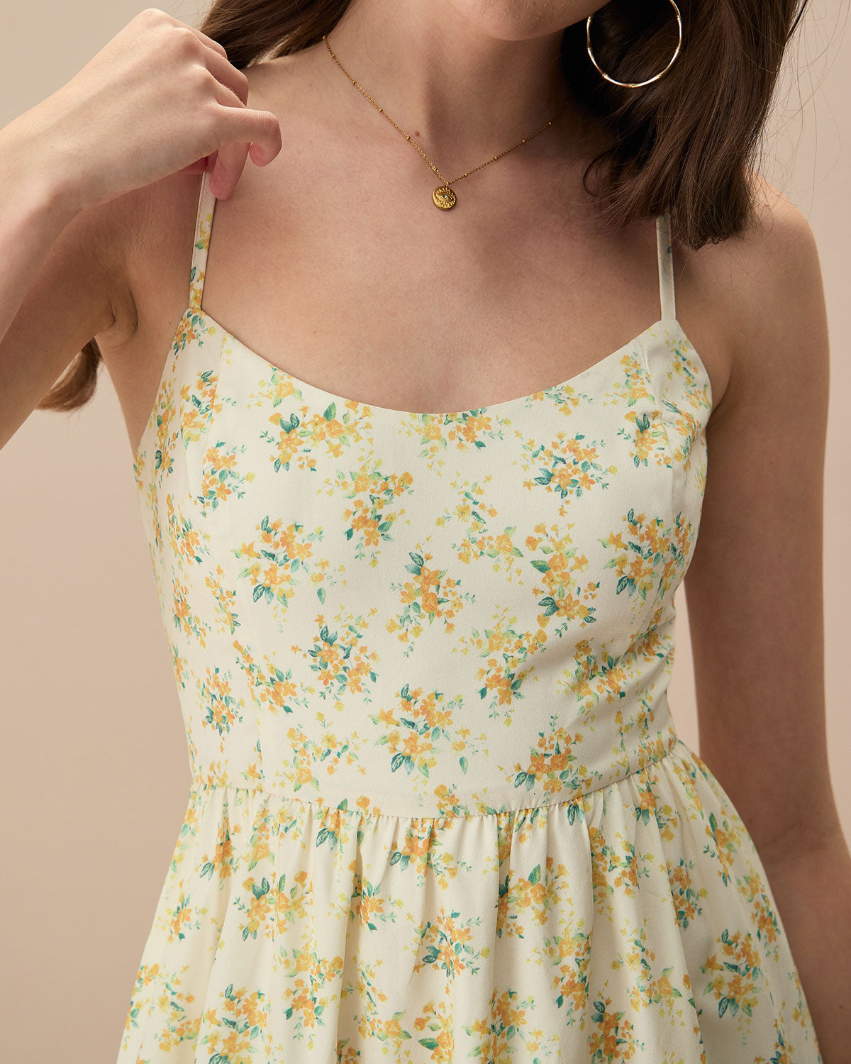 Scoop Neck Spaghetti Strap Gathered Waist Ditsy Floral Mini Dress