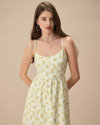 Scoop Neck Spaghetti Strap Gathered Waist Ditsy Floral Mini Dress