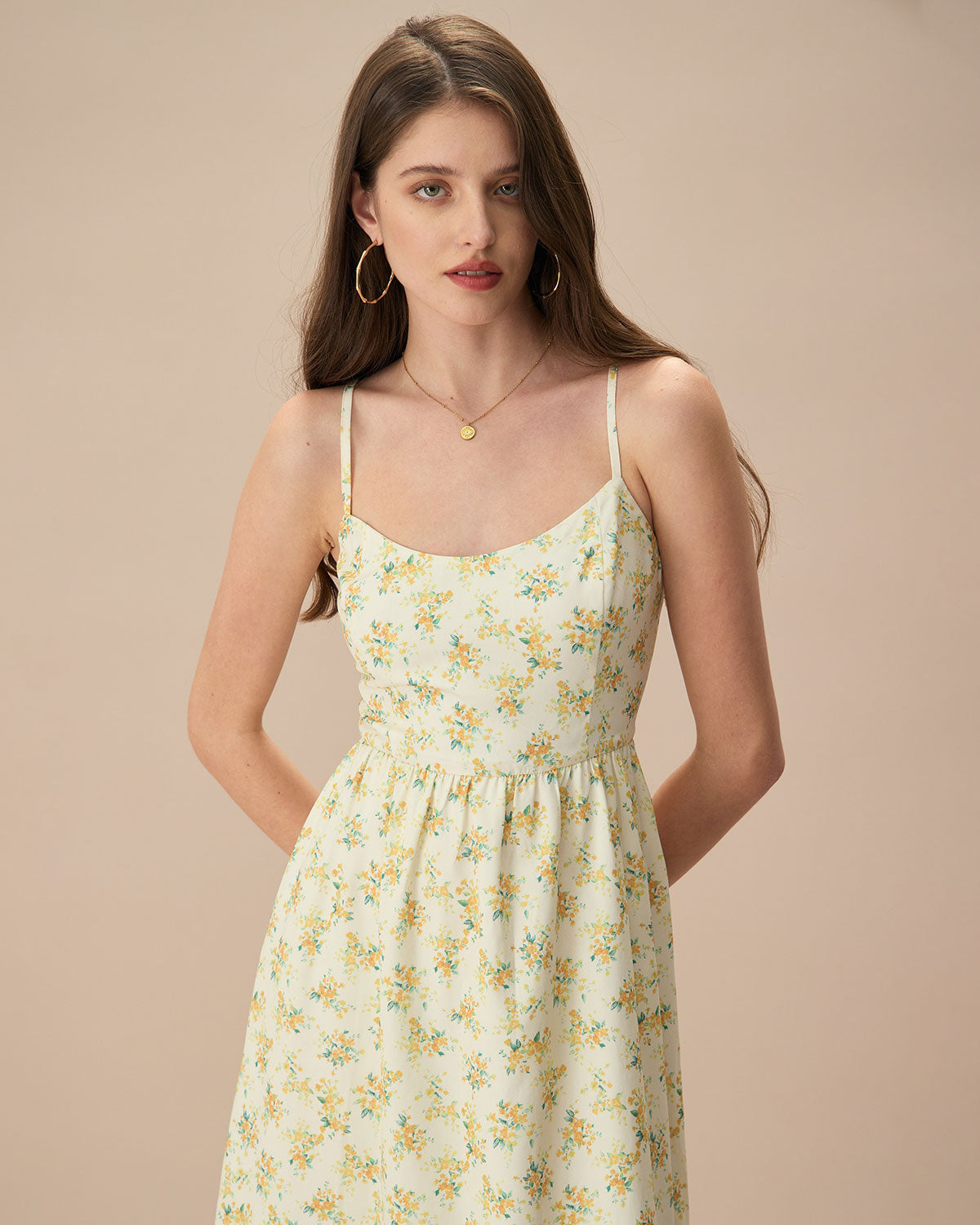 Scoop Neck Spaghetti Strap Gathered Waist Ditsy Floral Mini Dress