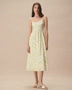 Scoop Neck Spaghetti Strap Gathered Waist Ditsy Floral Mini Dress