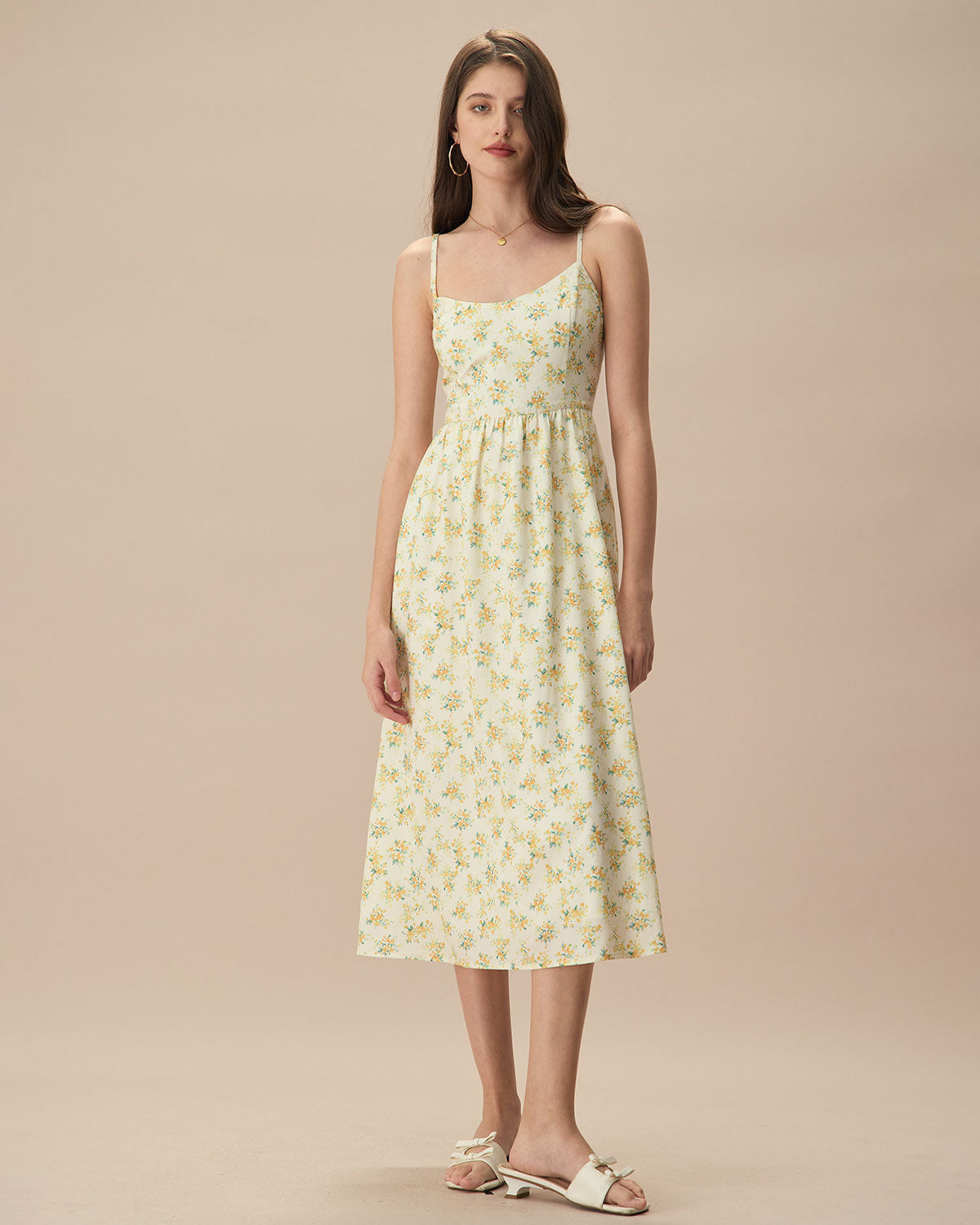 Scoop Neck Spaghetti Strap Gathered Waist Ditsy Floral Mini Dress