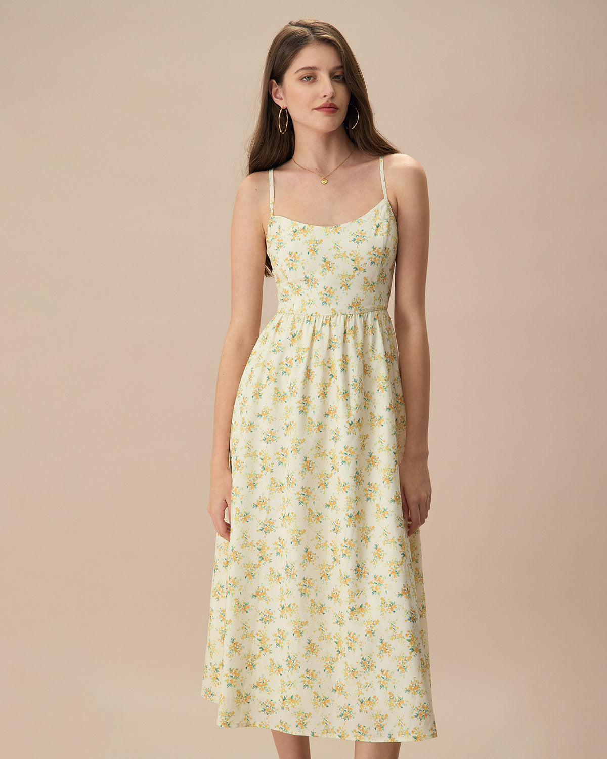 Scoop Neck Spaghetti Strap Gathered Waist Ditsy Floral Mini Dress