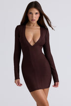 Bandage Deep V-Neck Long Sleeve Paneled Bodycon Mini Dress