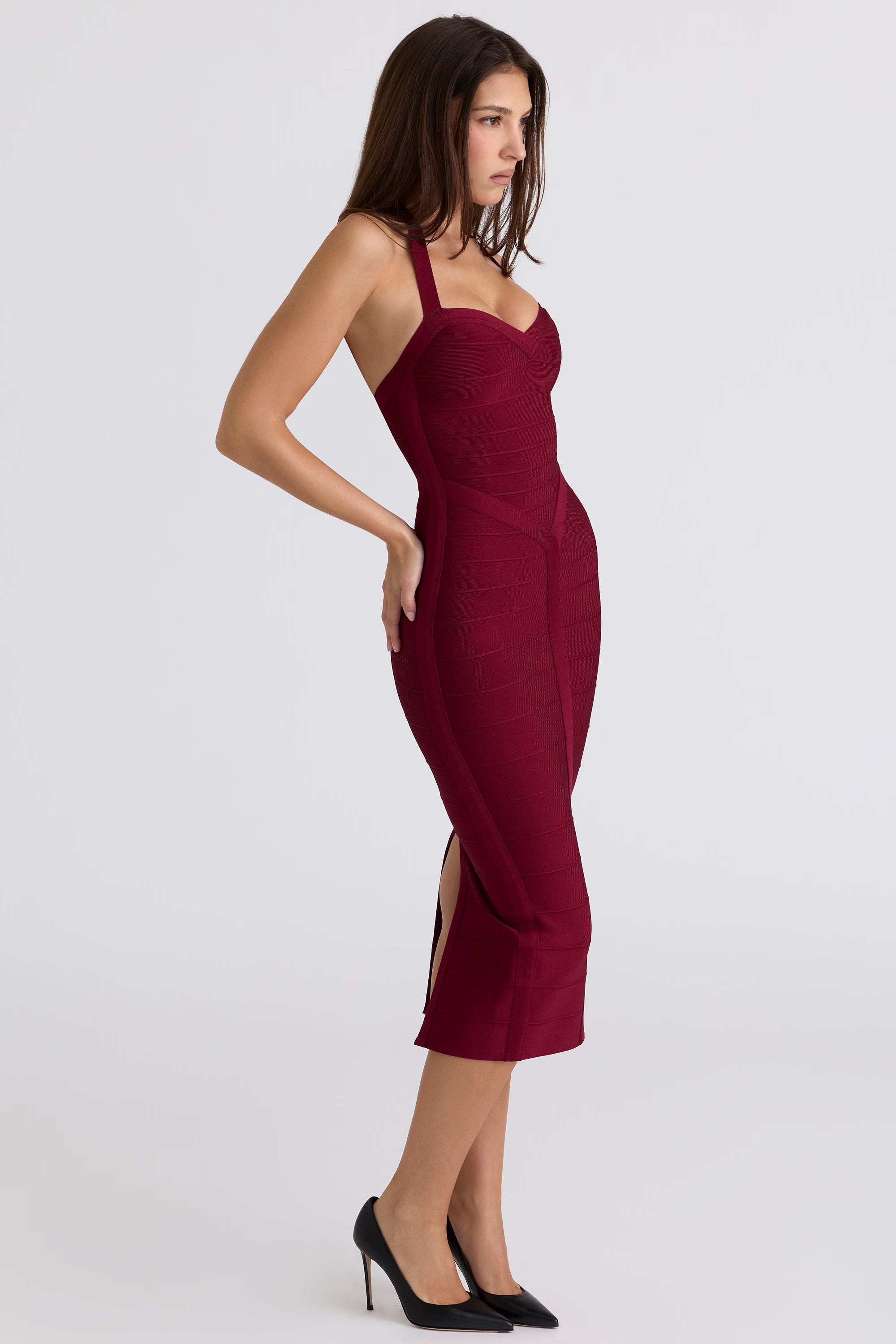Bandage Halter Neck Sweetheart Ruched Bodycon Midi Dress