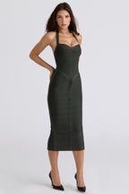 Bandage Halter Neck Sweetheart Ruched Bodycon Midi Dress