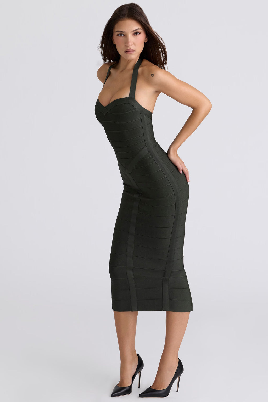 Bandage Halter Neck Sweetheart Ruched Bodycon Midi Dress