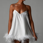 Eternal Affection Feather Trim Chain Strap Mini Dress