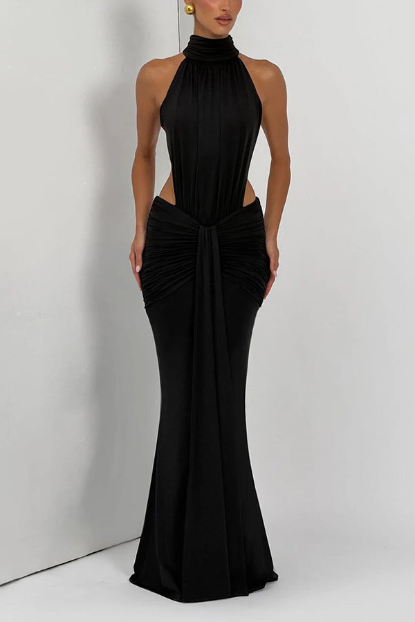 Thekla Stretch Slinky Jersey High Neck Ruched Backless Drape Maxi Dress