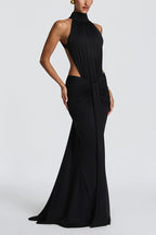 Thekla Stretch Slinky Jersey High Neck Ruched Backless Drape Maxi Dress