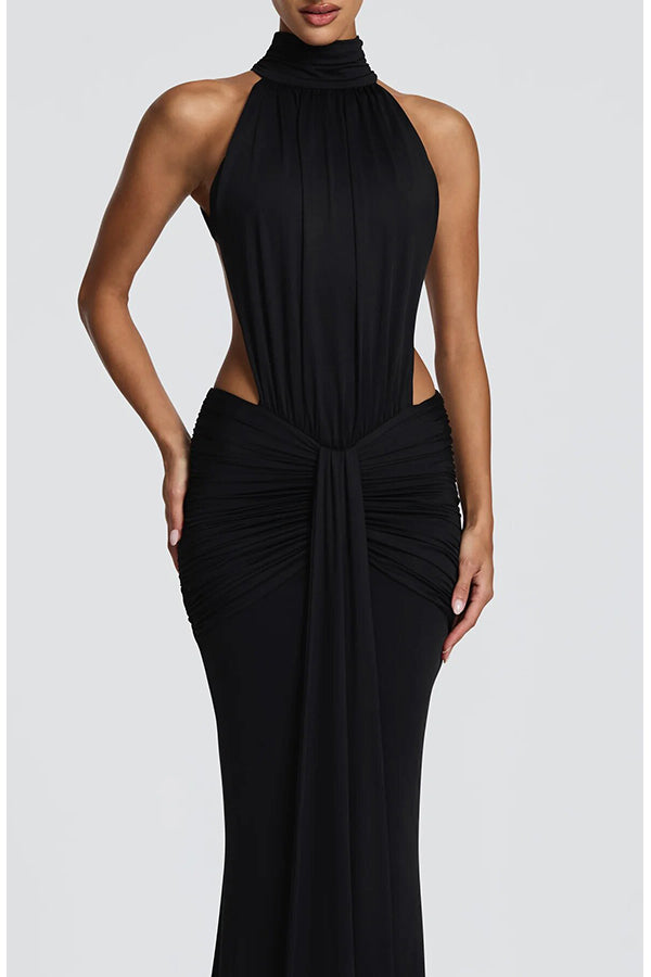 Thekla Stretch Slinky Jersey High Neck Ruched Backless Drape Maxi Dress