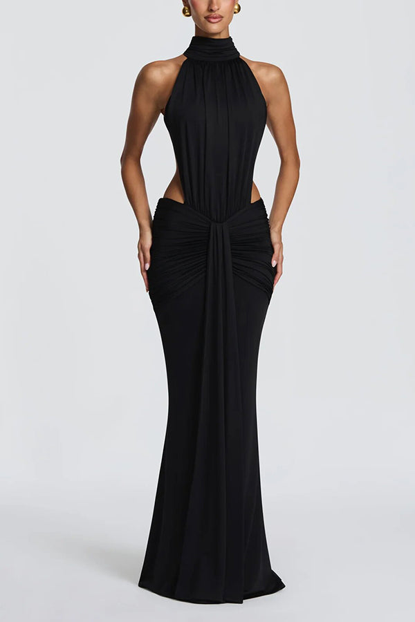 Thekla Stretch Slinky Jersey High Neck Ruched Backless Drape Maxi Dress