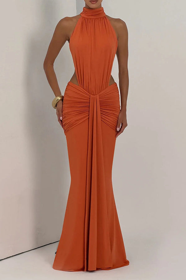 Thekla Stretch Slinky Jersey High Neck Ruched Backless Drape Maxi Dress