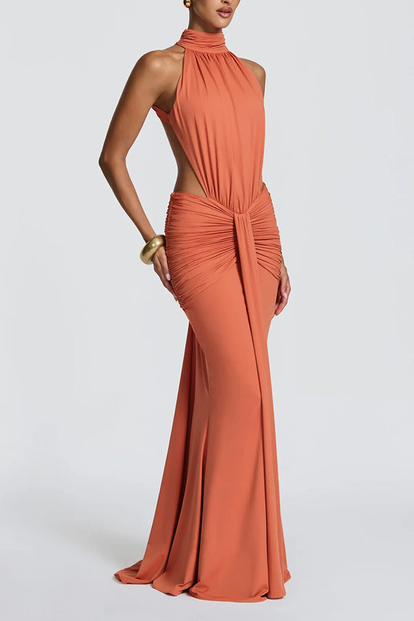 Thekla Stretch Slinky Jersey High Neck Ruched Backless Drape Maxi Dress