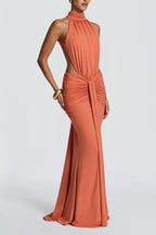 Thekla Stretch Slinky Jersey High Neck Ruched Backless Drape Maxi Dress