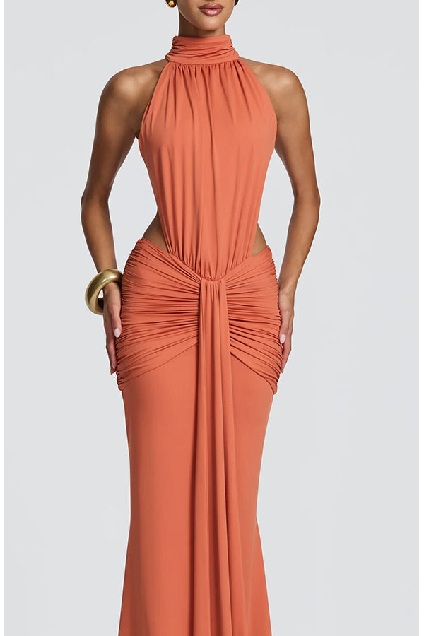 Thekla Stretch Slinky Jersey High Neck Ruched Backless Drape Maxi Dress