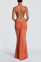 Thekla Stretch Slinky Jersey High Neck Ruched Backless Drape Maxi Dress