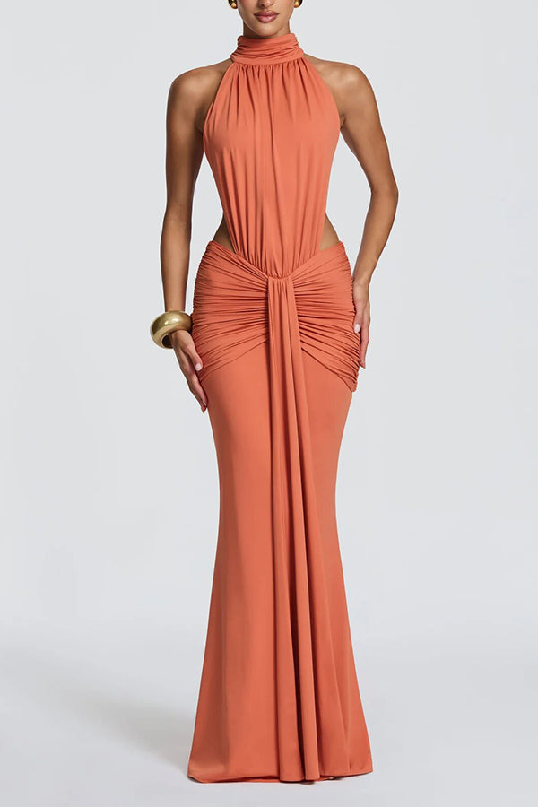 Thekla Stretch Slinky Jersey High Neck Ruched Backless Drape Maxi Dress