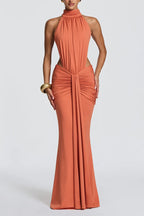 Thekla Stretch Slinky Jersey High Neck Ruched Backless Drape Maxi Dress