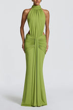 Thekla Stretch Slinky Jersey High Neck Ruched Backless Drape Maxi Dress