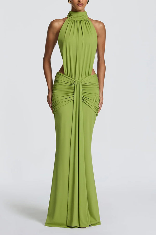 Thekla Stretch Slinky Jersey High Neck Ruched Backless Drape Maxi Dress