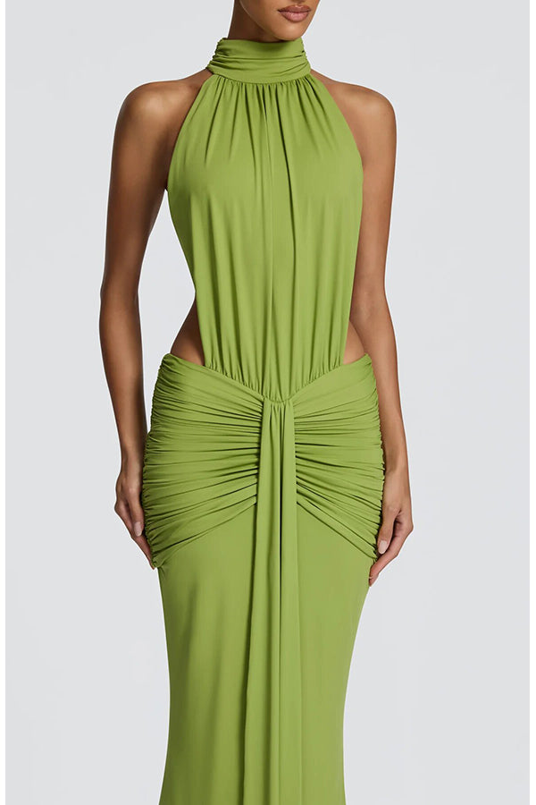 Thekla Stretch Slinky Jersey High Neck Ruched Backless Drape Maxi Dress