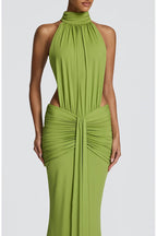 Thekla Stretch Slinky Jersey High Neck Ruched Backless Drape Maxi Dress