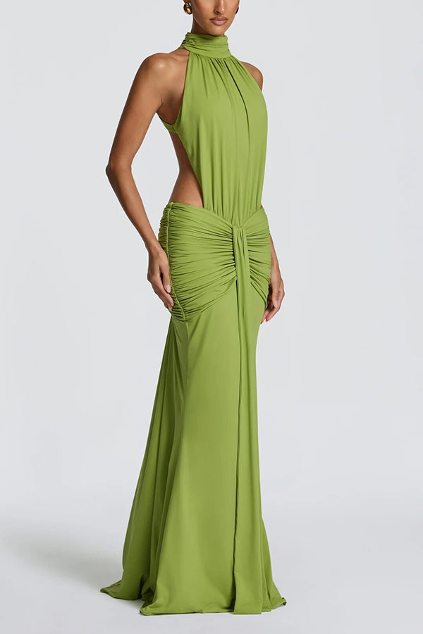 Thekla Stretch Slinky Jersey High Neck Ruched Backless Drape Maxi Dress