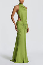 Thekla Stretch Slinky Jersey High Neck Ruched Backless Drape Maxi Dress