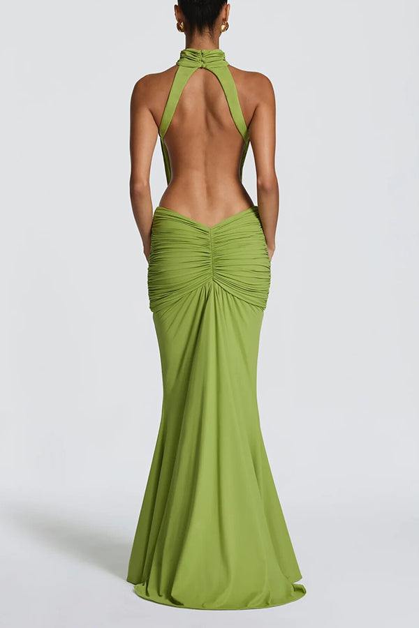 Thekla Stretch Slinky Jersey High Neck Ruched Backless Drape Maxi Dress