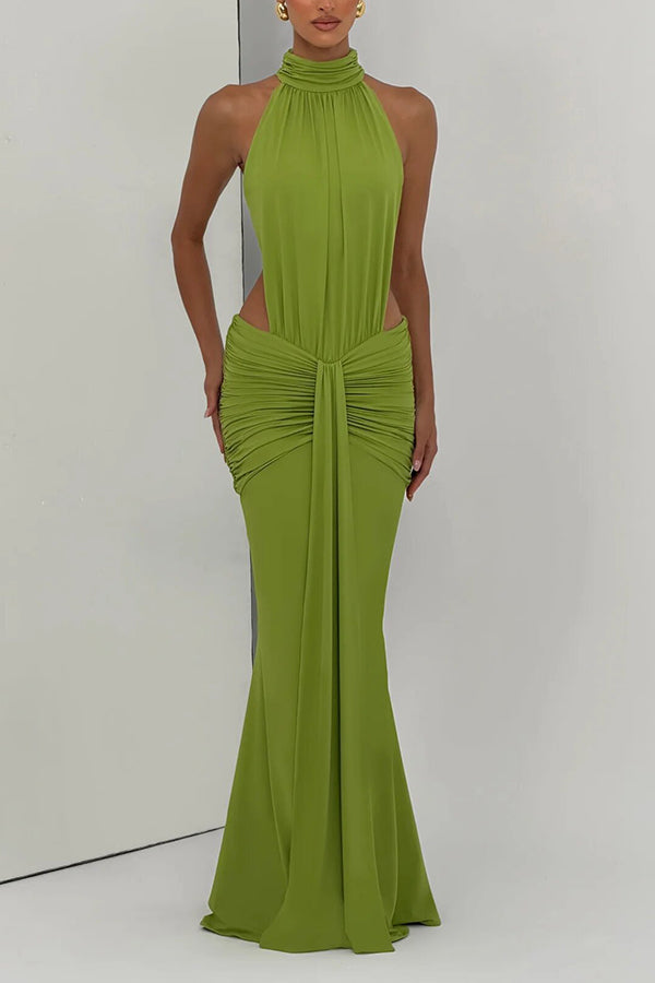 Thekla Stretch Slinky Jersey High Neck Ruched Backless Drape Maxi Dress