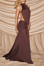 Thekla Stretch Slinky Jersey High Neck Ruched Backless Drape Maxi Dress