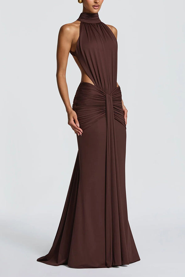 Thekla Stretch Slinky Jersey High Neck Ruched Backless Drape Maxi Dress