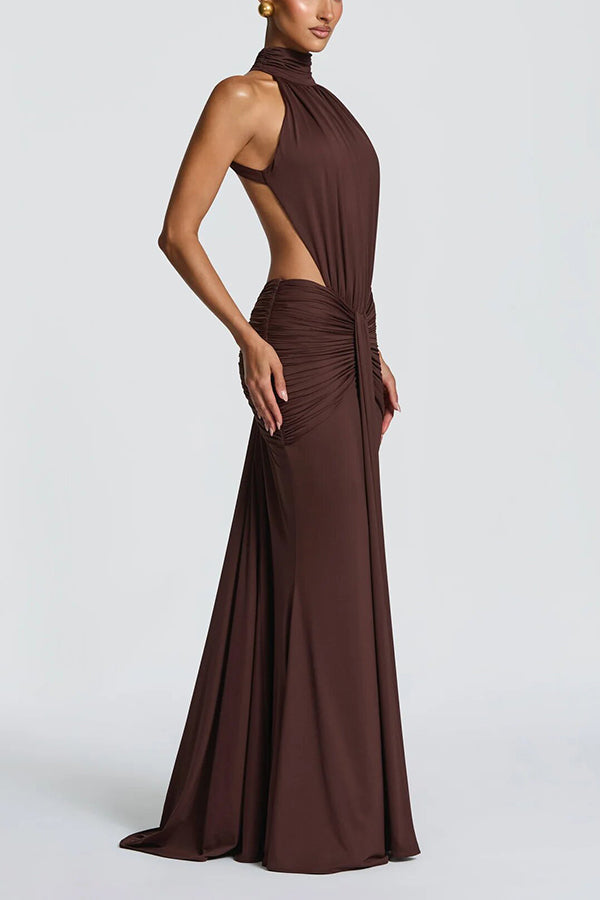Thekla Stretch Slinky Jersey High Neck Ruched Backless Drape Maxi Dress