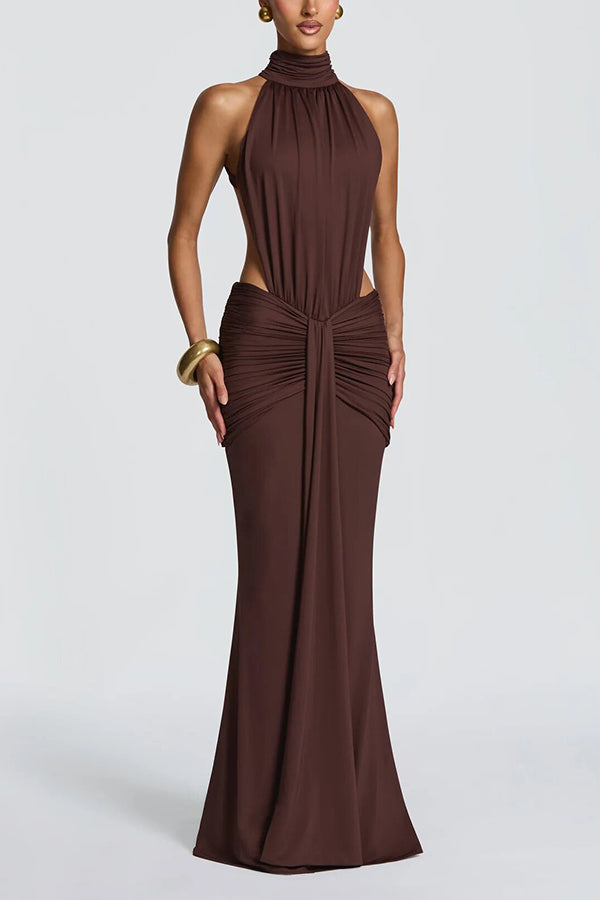 Thekla Stretch Slinky Jersey High Neck Ruched Backless Drape Maxi Dress